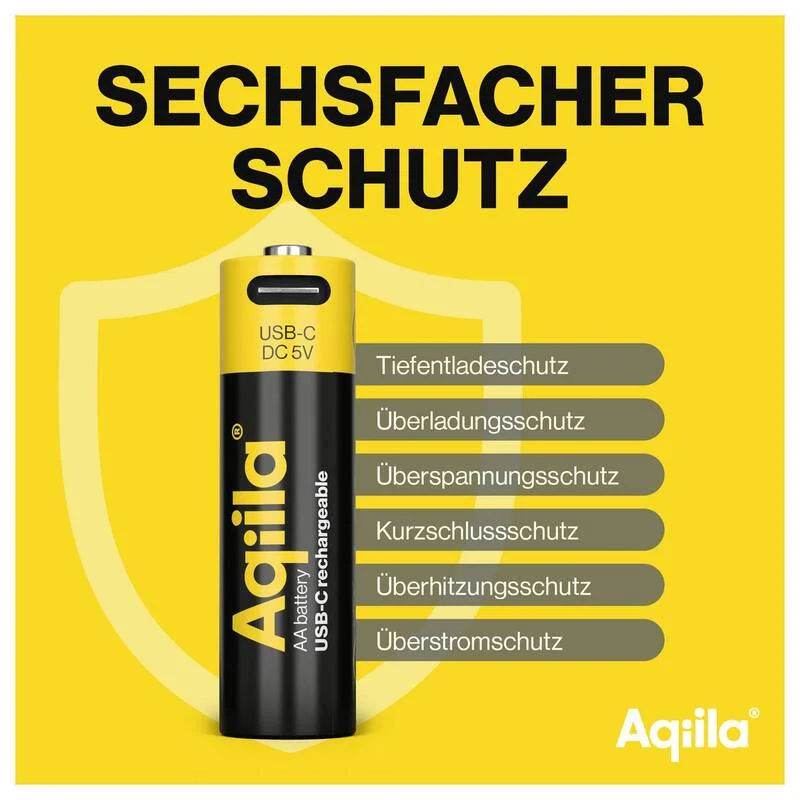 B-Ware Aqiila AA USB-C Akku Li-Ion 2000 mAh 1,5 V wiederaufladbar Energiequelle 4 Stück