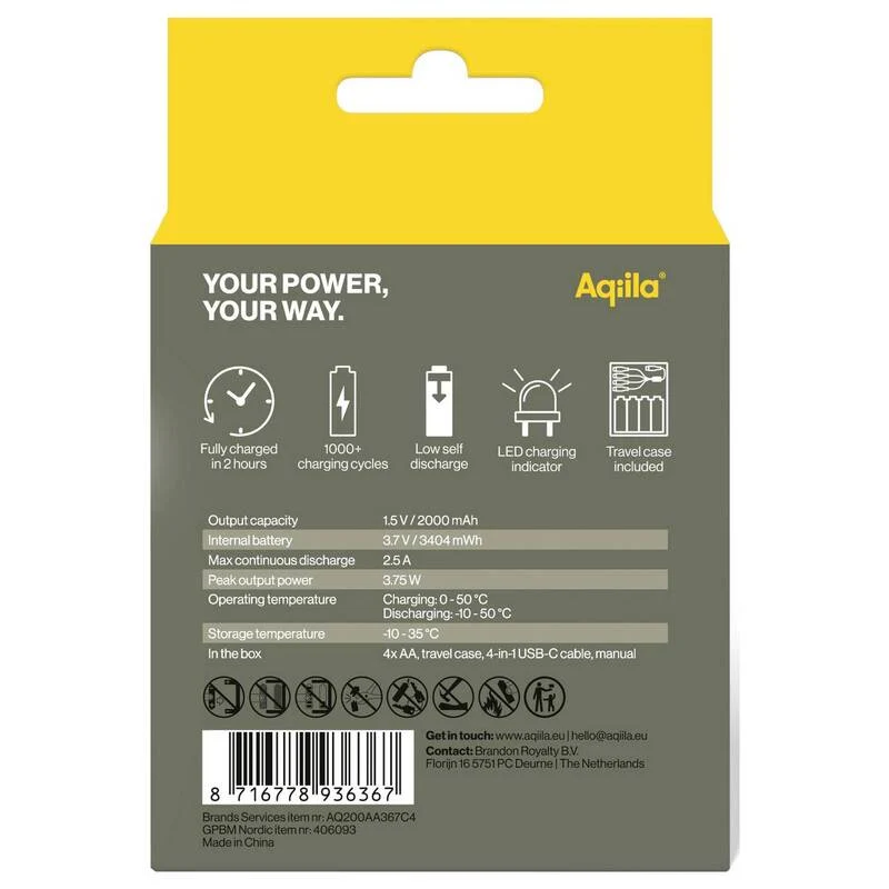 B-Ware Aqiila AA USB-C Akku Li-Ion 2000 mAh 1,5 V wiederaufladbar Energiequelle 4 Stück