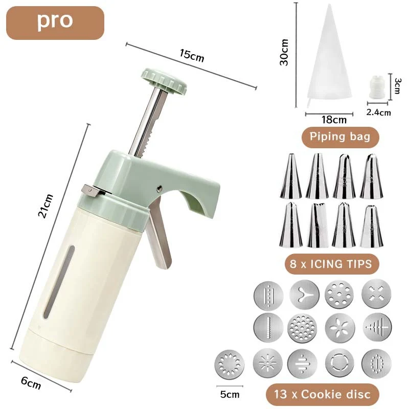Professional Multi-Function Cookie Press and Icing Gun Set with Thirteen Cookie Discs and Eight Piping Tips