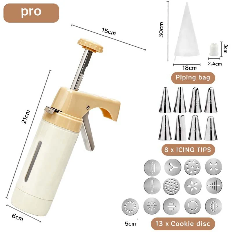 Professional Multi-Function Cookie Press and Icing Gun Set with Thirteen Cookie Discs and Eight Piping Tips