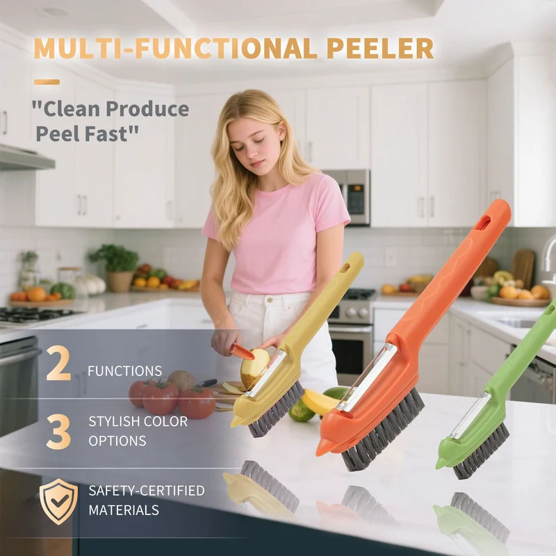 Multi-Function Y-Shaped Vegetable Peeler with Integrated Brush and Stem Remover