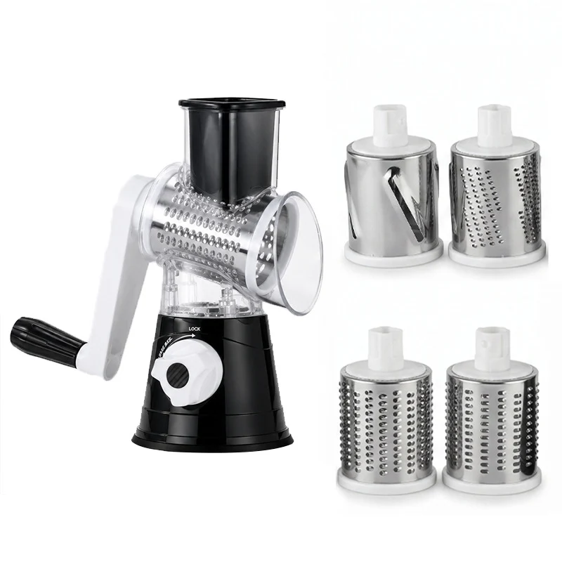 Manual Rotary Vegetable Grater with Multiple Interchangeable Stainless Steel Drum Blades and Suction Base