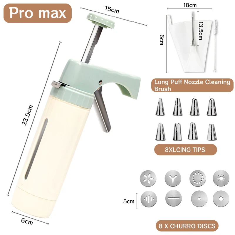 Handheld Cookie Press and Churro Maker with Assorted Piping Discs and Stainless Nozzles