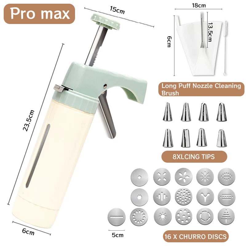 Handheld Cookie Press and Churro Maker with Assorted Piping Discs and Stainless Nozzles