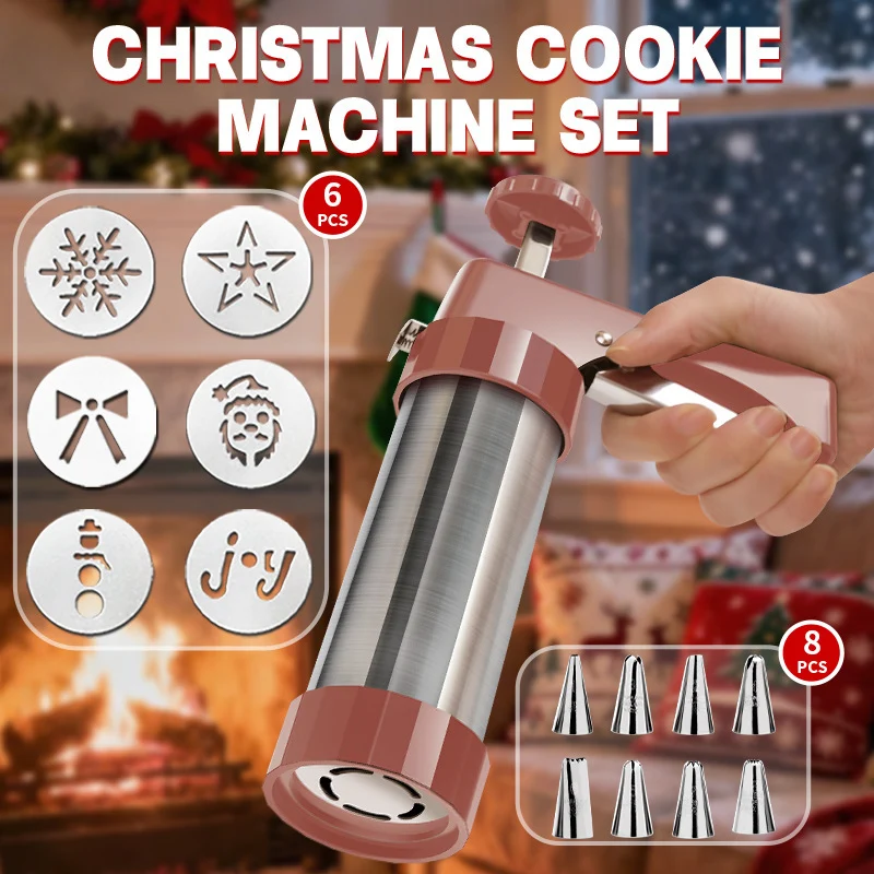 Cookie Press and Decorating Gun with Eight Stainless Nozzles and Six Embossed Discs