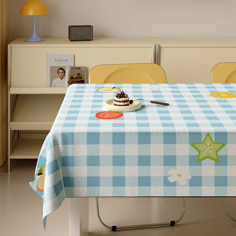 Waterproof Wipeable Gingham Rectangular Tablecloth with Playful Fruit Motifs