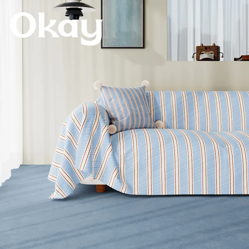 Striped Quilted Sofa Slipcover with Pom-Pom Accent Pillowcase