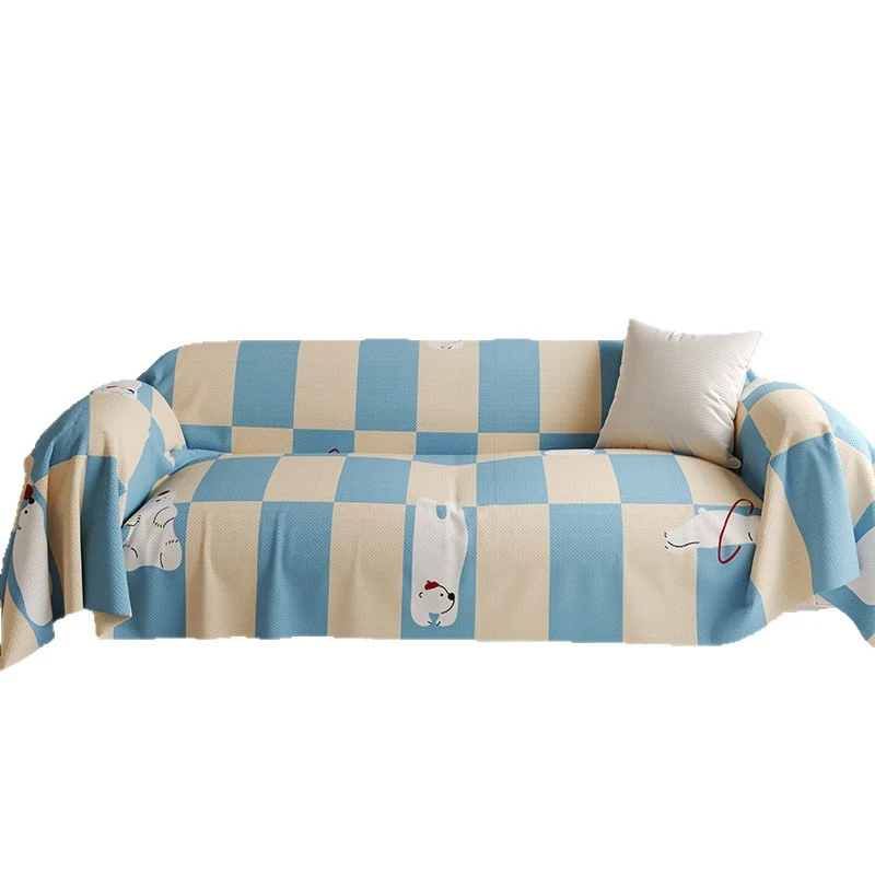 Stretch-Fit Checkerboard Sofa Slipcover with Cute Cat Illustration