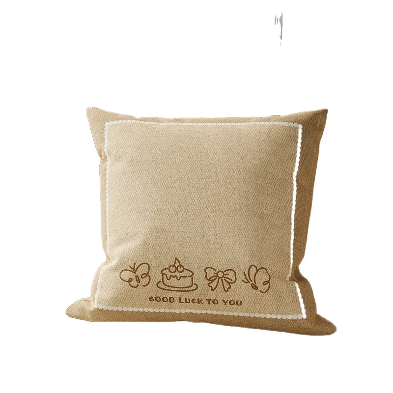 Square Textured Bouclé Throw Pillow Cover with Embroidered Teddy Motif