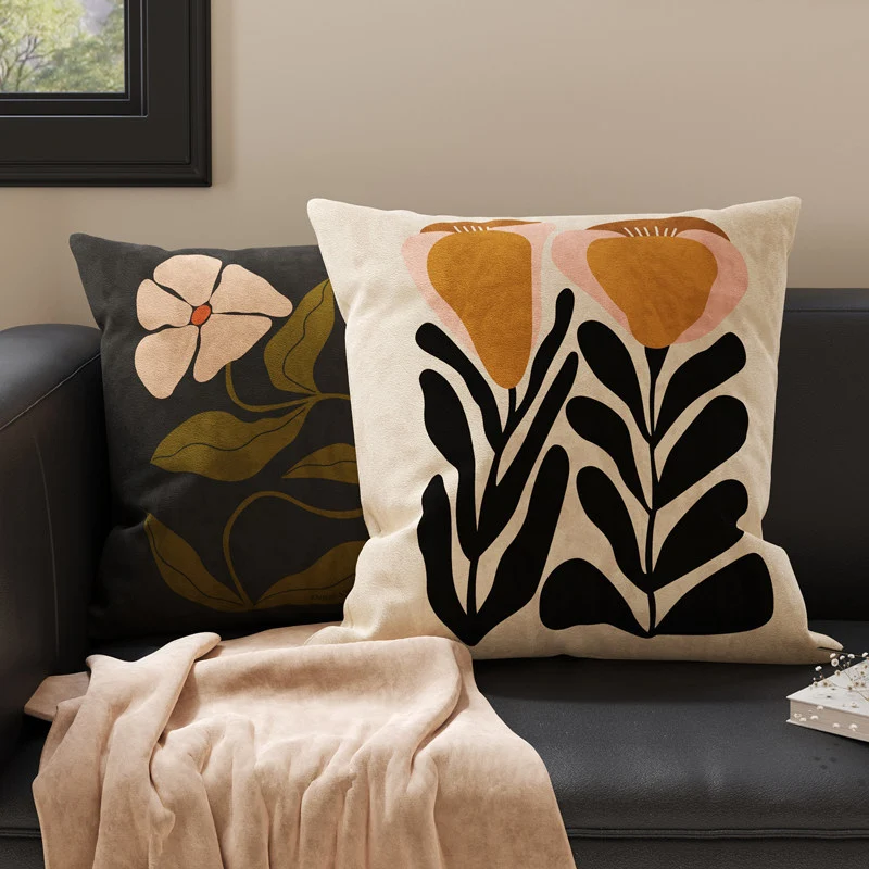 Square Suede-Finish Botanical Print Decorative Throw Pillow Cover with Invisible Zipper