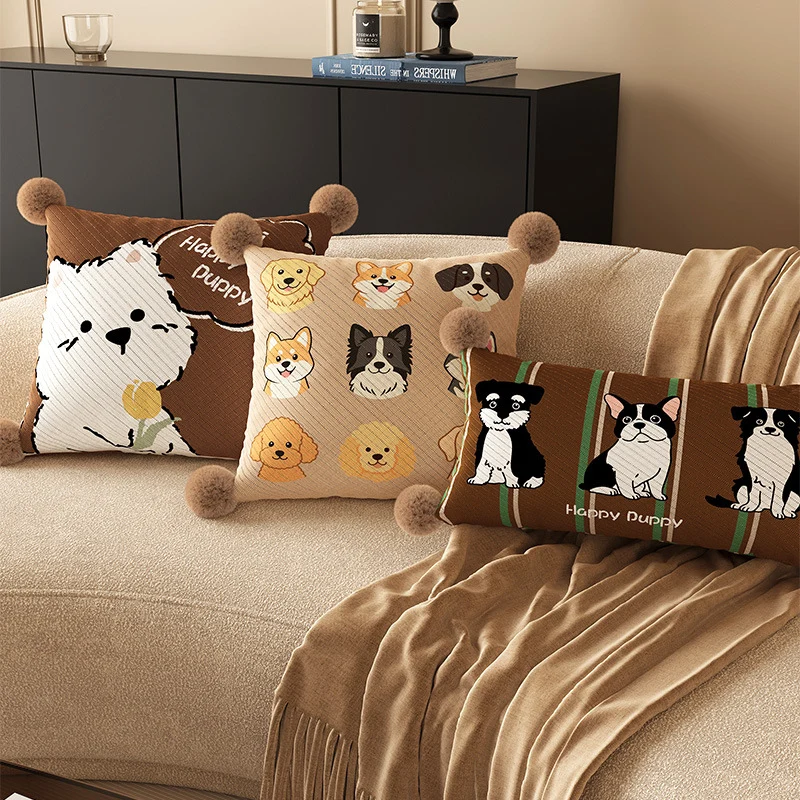 Square Pom-Pom Knit Decorative Throw Pillow Cover with Cartoon Bear Panel and Textured Weave