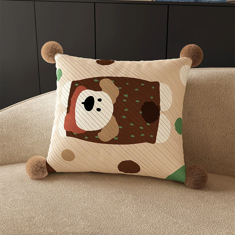 Square Pom-Pom Knit Decorative Throw Pillow Cover with Cartoon Bear Panel and Textured Weave
