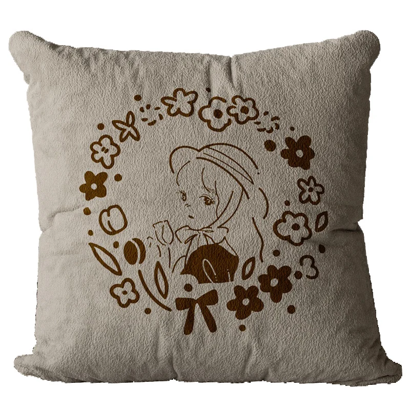Square Plush Textured Decorative Pillow Cover with Hand-Drawn Pizza Illustration and Botanical Accents