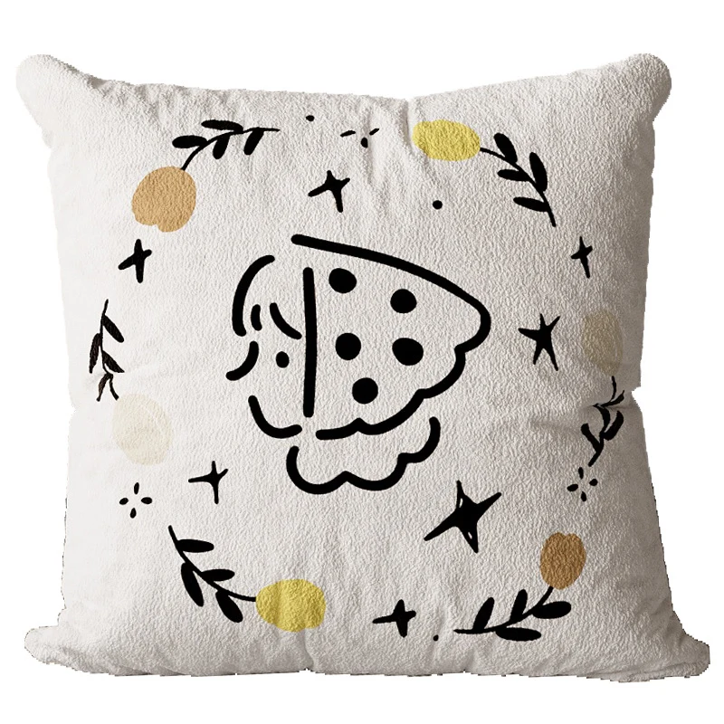 Square Plush Textured Decorative Pillow Cover with Hand-Drawn Pizza Illustration and Botanical Accents