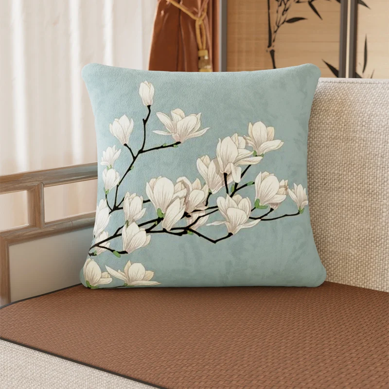 Square Plush Magnolia Botanical Velvet Pillow Cover with Concealed Zipper and Microfiber Backing