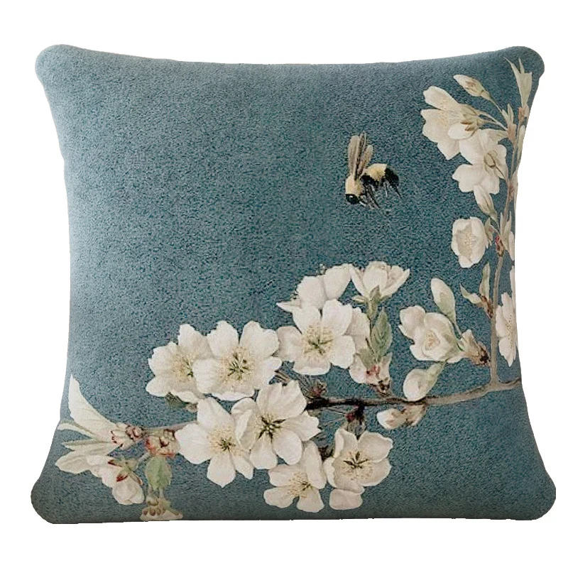 Square Plush Magnolia Botanical Velvet Pillow Cover with Concealed Zipper and Microfiber Backing