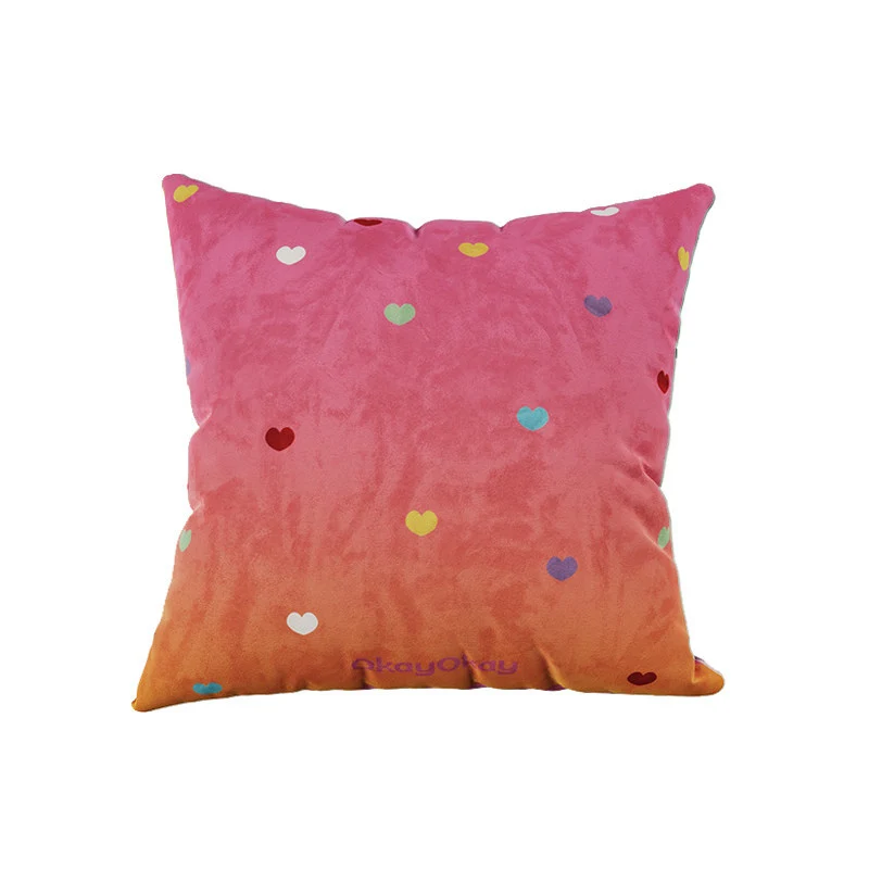Square Ombre Plush Decorative Throw Pillow Cover with Multicolor Heart Motif and Concealed Zipper