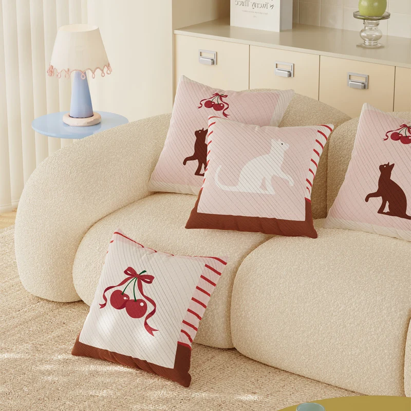 Square Cotton-Linen Throw Pillow Cover with Whimsical Cat Silhouette and Festive Cherry Ribbon Print