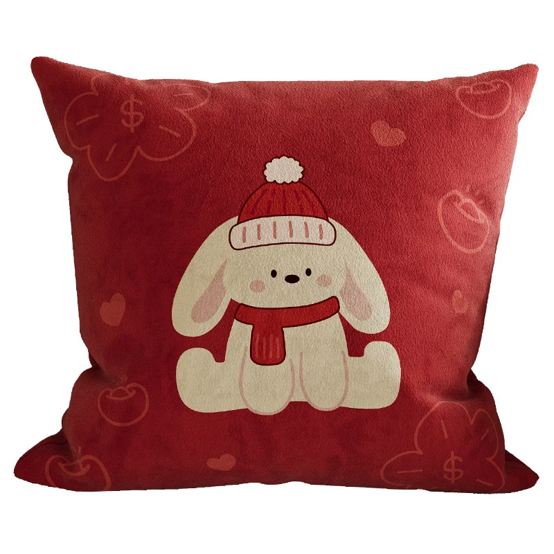 Square Cotton-Linen Throw Pillow Cover with Checkered Grid and Speech-Bubble Heart Graphics
