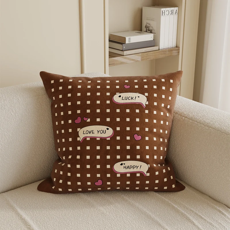 Square Cotton-Linen Throw Pillow Cover with Checkered Grid and Speech-Bubble Heart Graphics