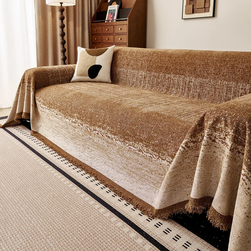 Reversible Woven Couch Throw Slipcover with Fringed Hem