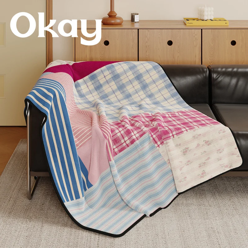 Reversible Patchwork Plush Throw Blanket with Mixed Plaid Stripes and Floral Panels