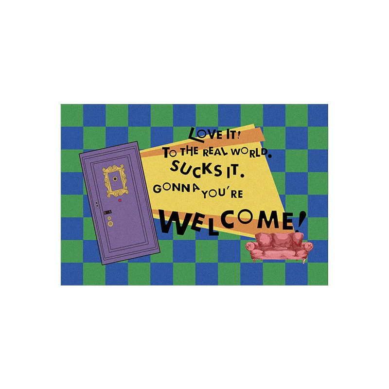 Retro Illustrated Welcome Doormat with Printed Door and Couch Design