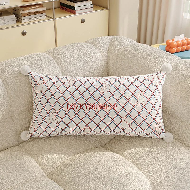 Rectangular Argyle-Pattern Lumbar Pillow Cover with Embroidered Slogan, Cat Motifs and Pom-Pom Corners