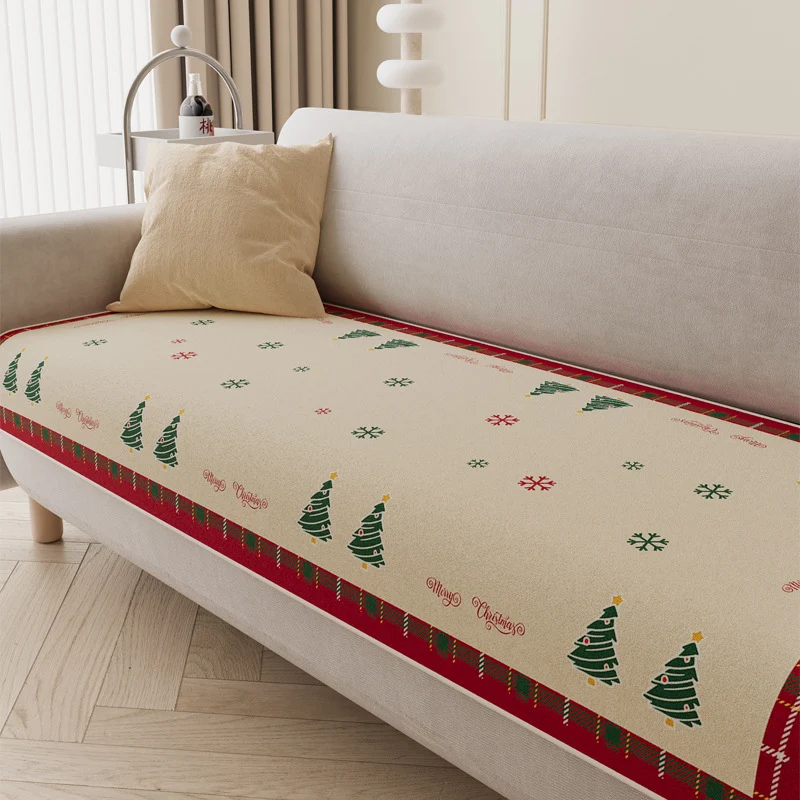 Quilted Holiday Sofa Seat Protector with Anti-Slip Backing and Christmas Tree Print