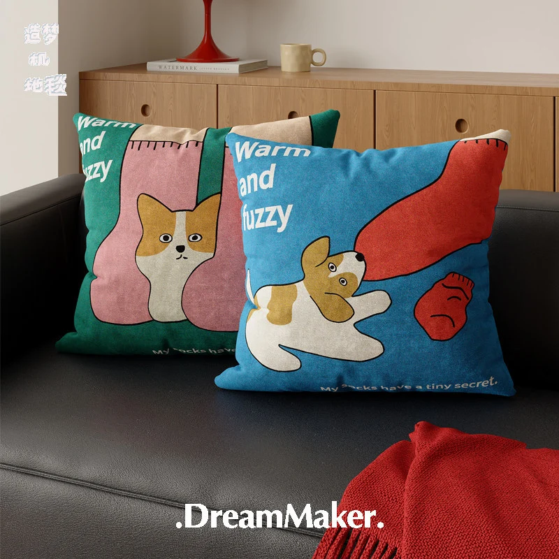 Plush Decorative Square Throw Pillow Cover with Cartoon Cat and Cozy Sock Illustration