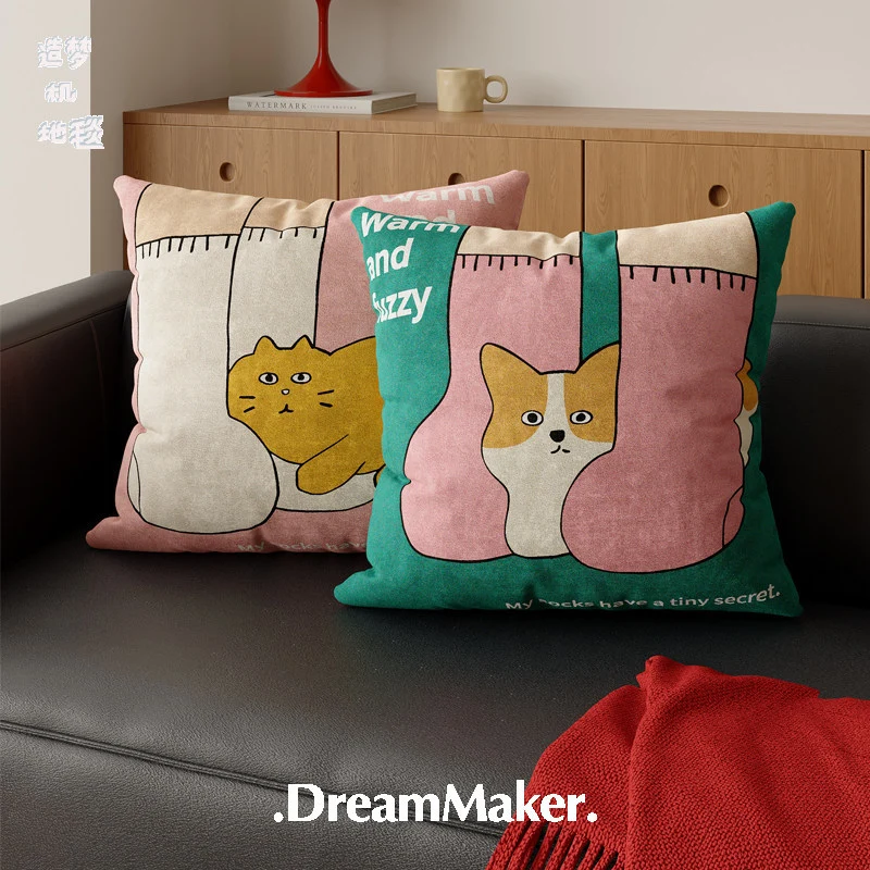 Plush Decorative Square Throw Pillow Cover with Cartoon Cat and Cozy Sock Illustration