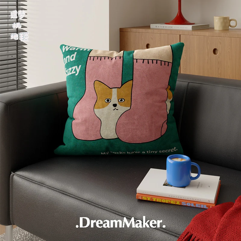 Plush Decorative Square Throw Pillow Cover with Cartoon Cat and Cozy Sock Illustration