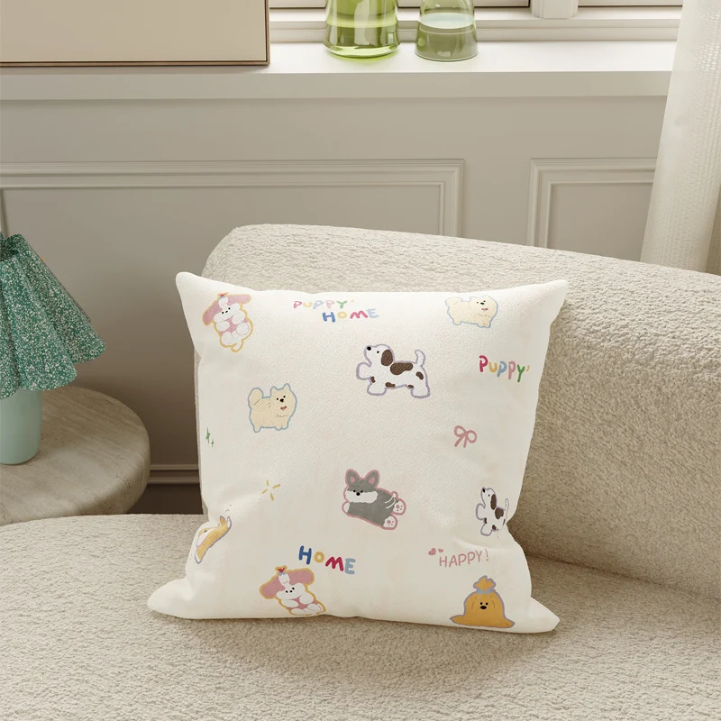 Plush Decorative Square Pillow Cover with Cartoon Puppy Appliqué and Soft Microfiber Finish