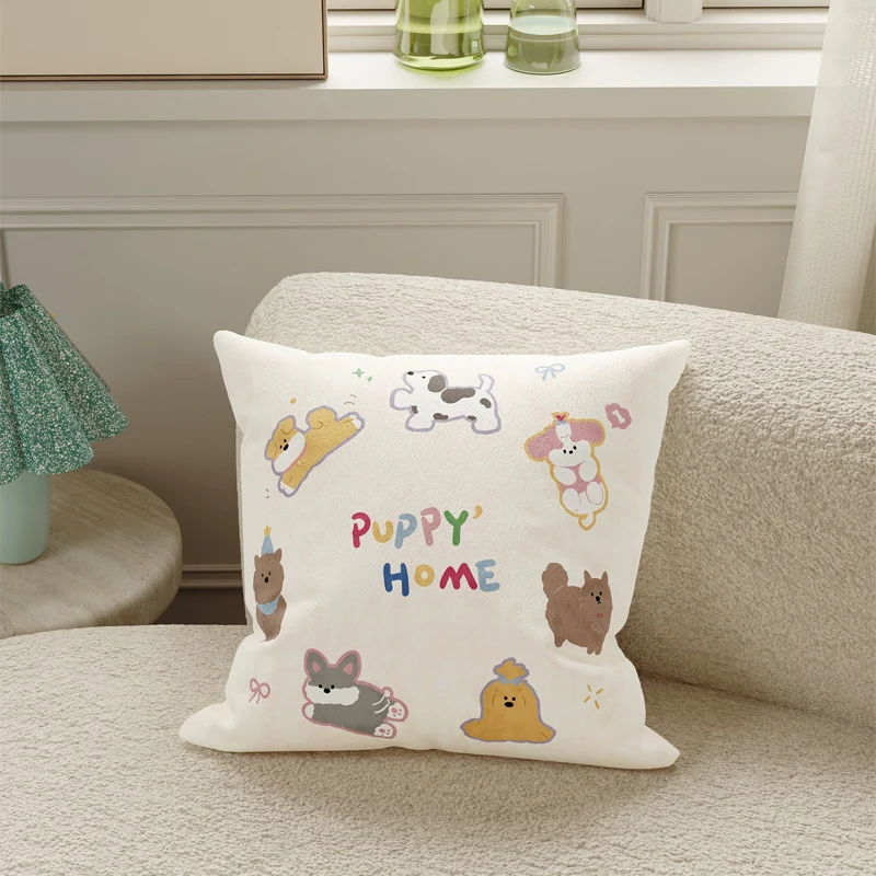 Plush Decorative Square Pillow Cover with Cartoon Puppy Appliqué and Soft Microfiber Finish