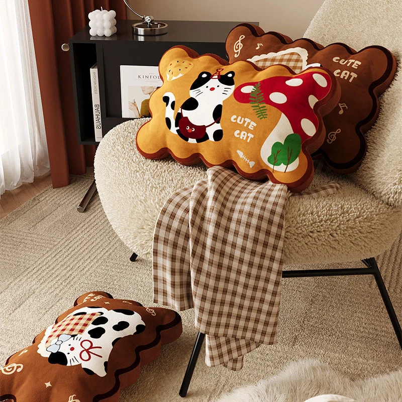 Plush Cloud-Shape Cute Character Lumbar Throw Pillow with Embroidered Face and Soft Faux-Sherpa Cover