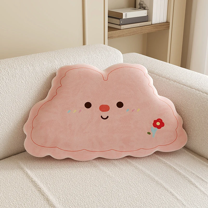 Plush Cloud-Shape Cute Character Lumbar Throw Pillow with Embroidered Face and Soft Faux-Sherpa Cover