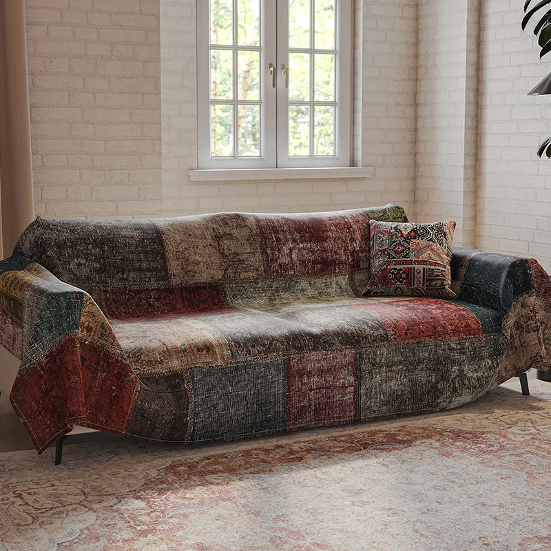 Patchwork Vintage-Style Reversible Sofa Slipcover with Matching Pillow Cover