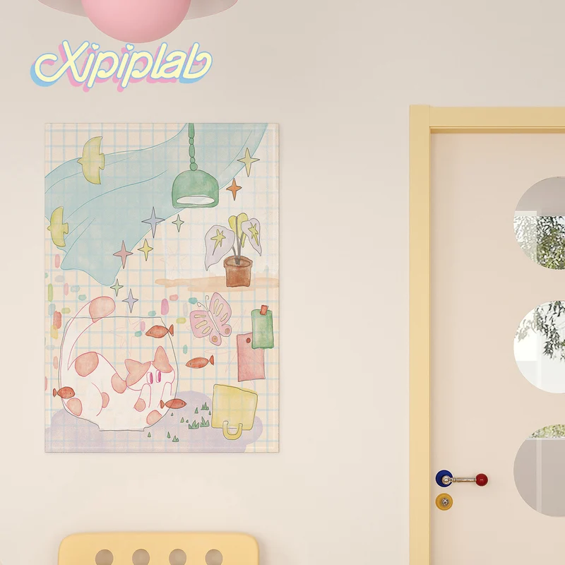 Pastel Grid Illustration Wall Tapestry for Kids Room Decor