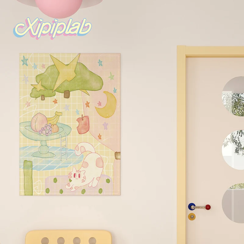 Pastel Grid Illustration Wall Tapestry for Kids Room Decor