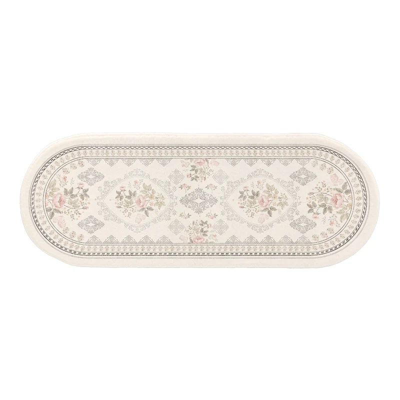 Oval Low-Pile Kitchen Runner Rug with Vintage Distressed Floral Jacquard and Non-Slip Backing