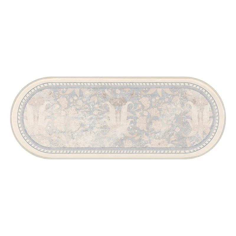 Oval Low-Pile Kitchen Runner Rug with Vintage Distressed Floral Jacquard and Non-Slip Backing
