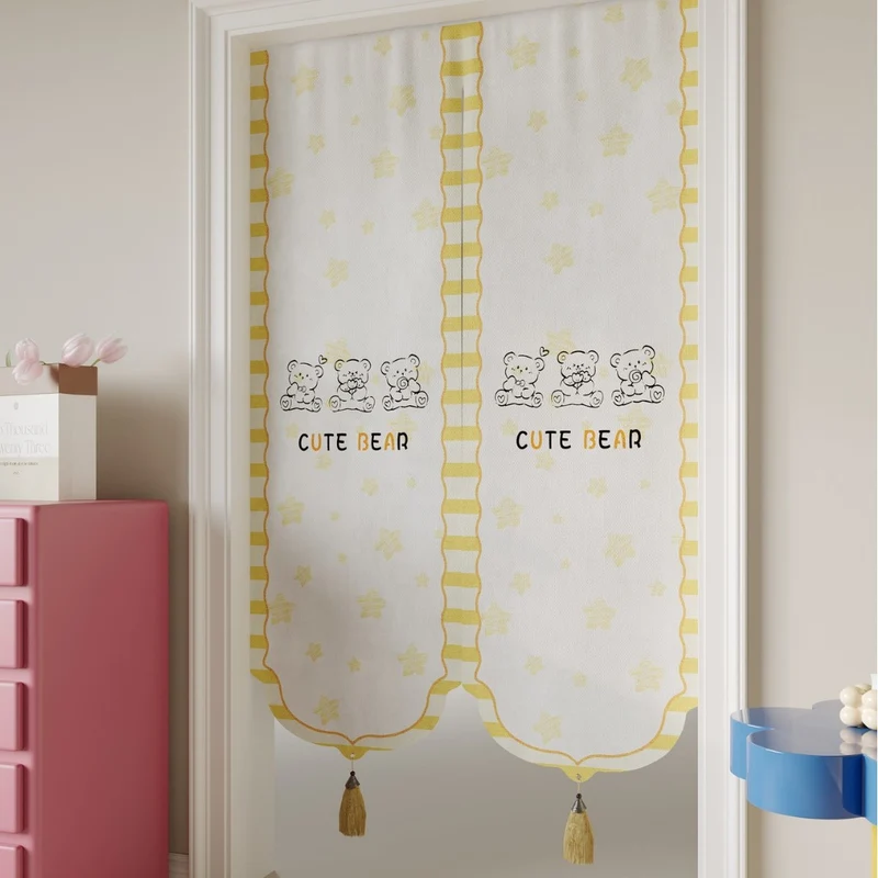 Kids Decorative Split Doorway Noren Curtain with Tassels and Cartoon Floral Lion Print