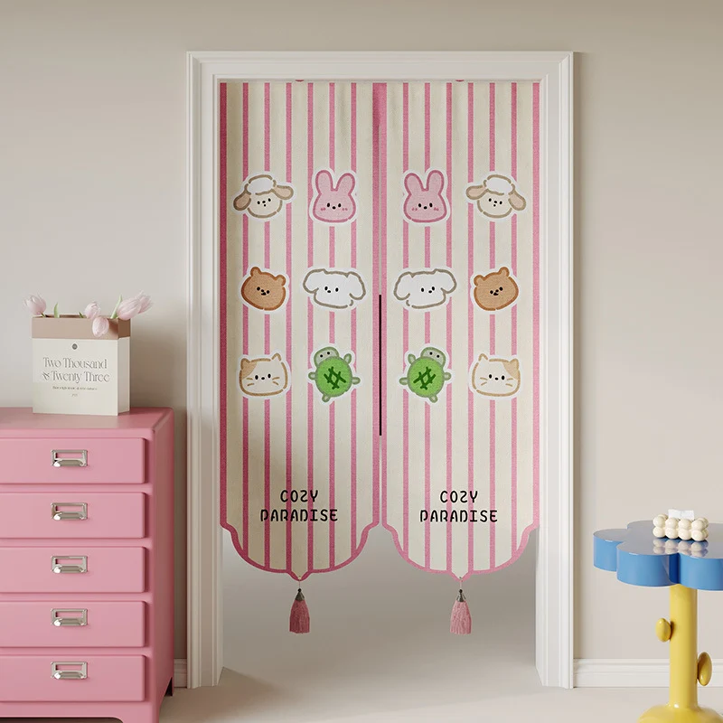 Kids Decorative Split Doorway Noren Curtain with Tassels and Cartoon Floral Lion Print