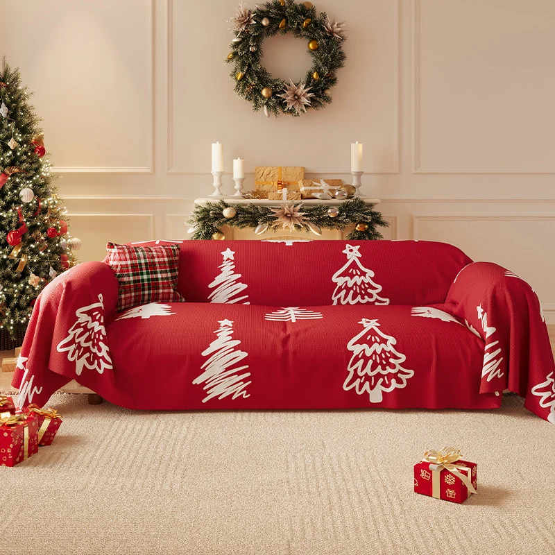 Festive Stretch-Fit Full-Coverage Sofa Slipcover with Holiday Tree Print