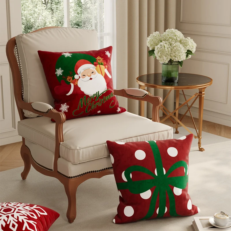 Festive Plush Decorative Throw Pillow Cover with Santa Illustration and Merry Christmas Script