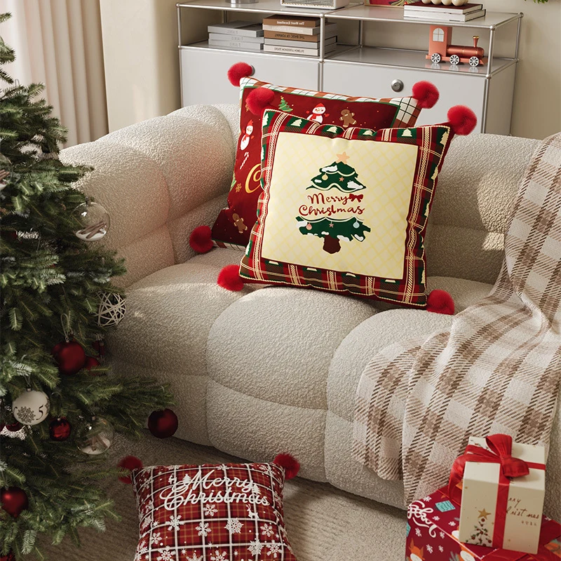 Festive Plaid Pom-Pom Corner Decorative Christmas Throw Pillow Cover