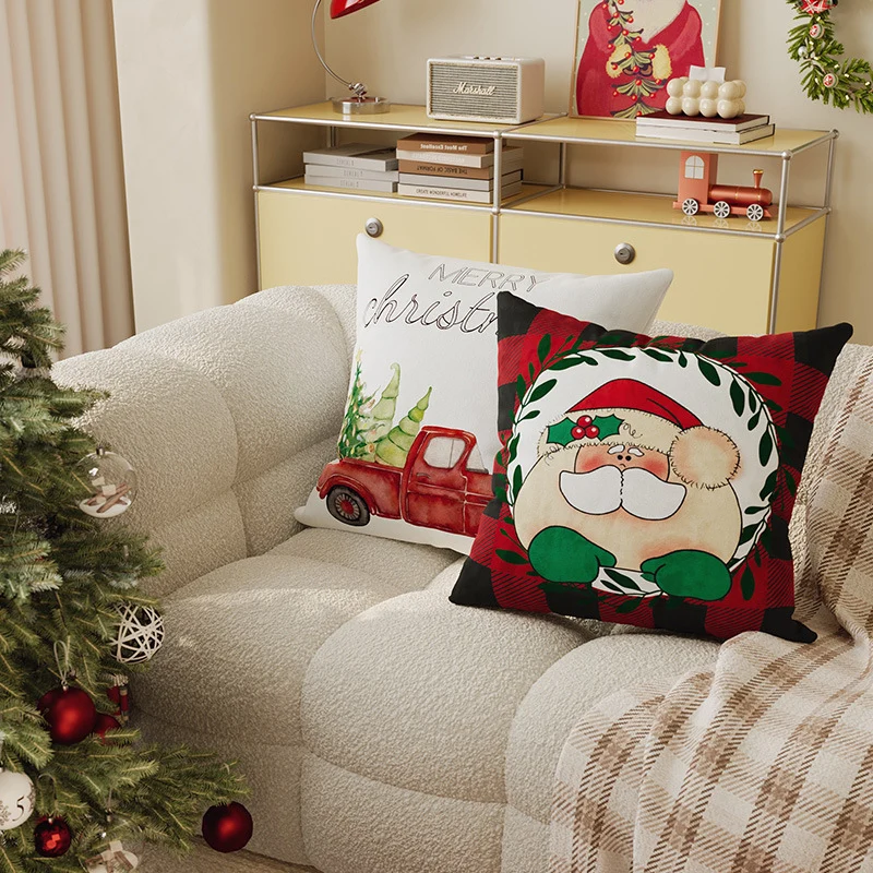 Festive Buffalo Plaid Santa Face Decorative Pillow Cover with Concealed Zipper