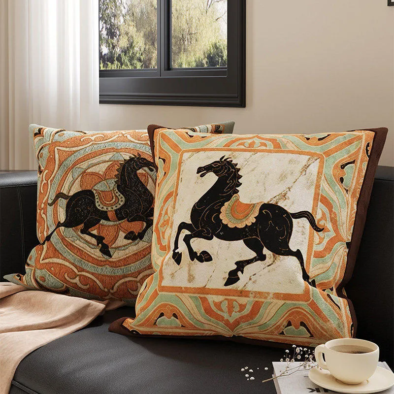 Embroidered Medallion Horse Velvet-Texture Decorative Throw Pillow Cover with Hidden Zipper