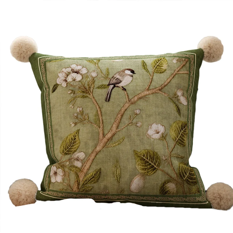 Embroidered Botanical Velvet Throw Pillow with Pom Pom Corners