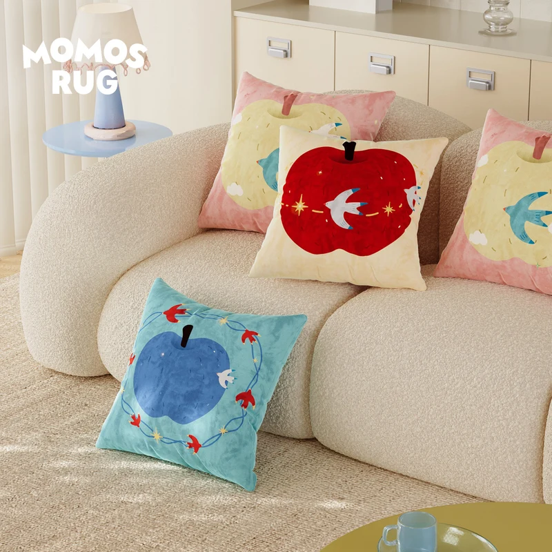 Decorative Velvet Square Throw Pillow with Illustrated Apple & Swallow Motif